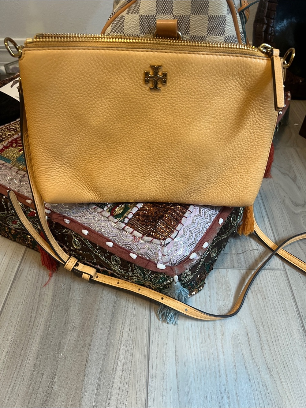 Tory Burch Mustard Yellow Pebbled Leather Crossbody
